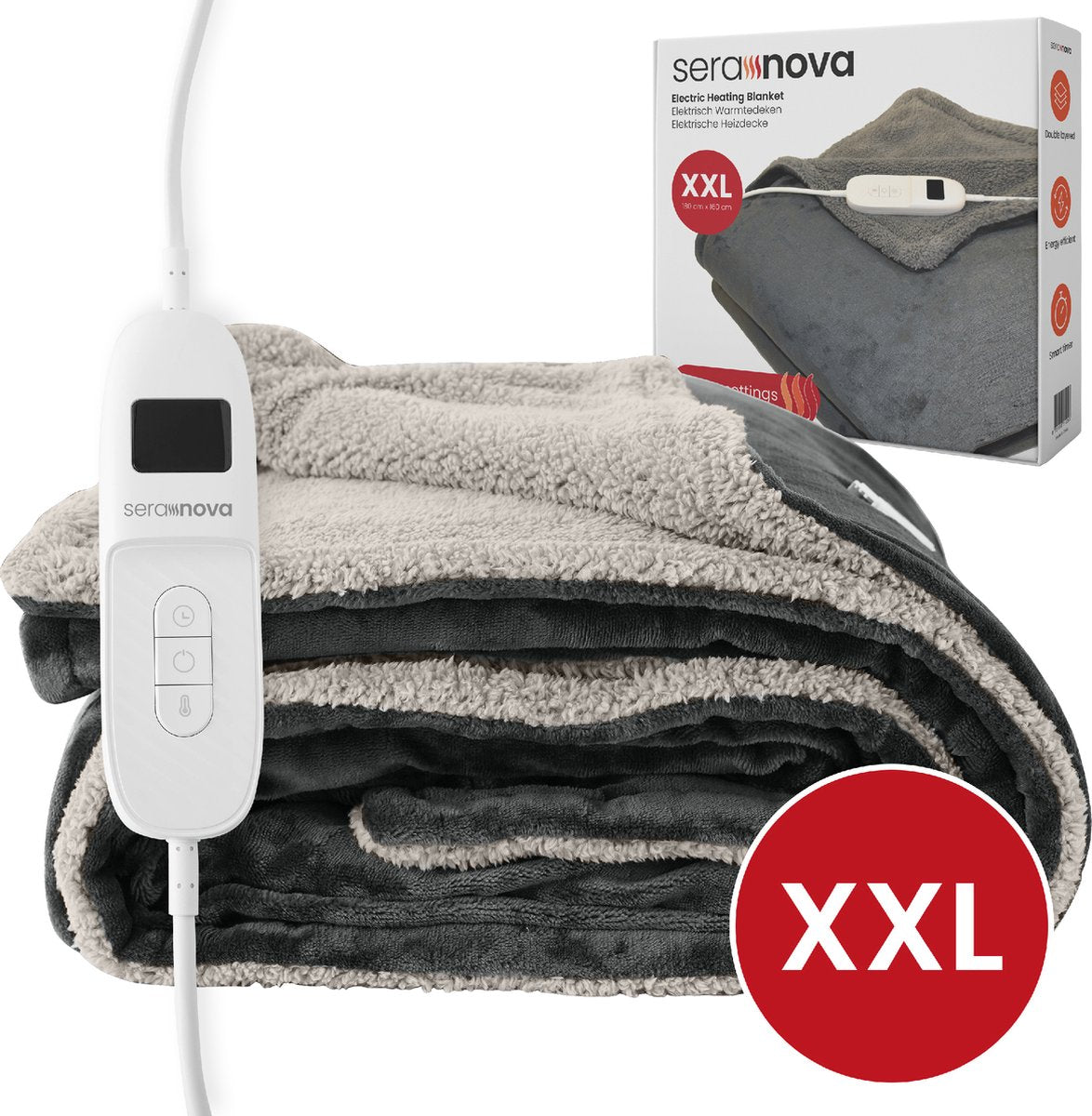 Seranova Elektrische Bovendeken XXL - 180x160 cm - 2 persoons Elektrische Deken - Warmtedeken - Dubbelzijdig - Fleece Sherpa - Antraciet Grijs