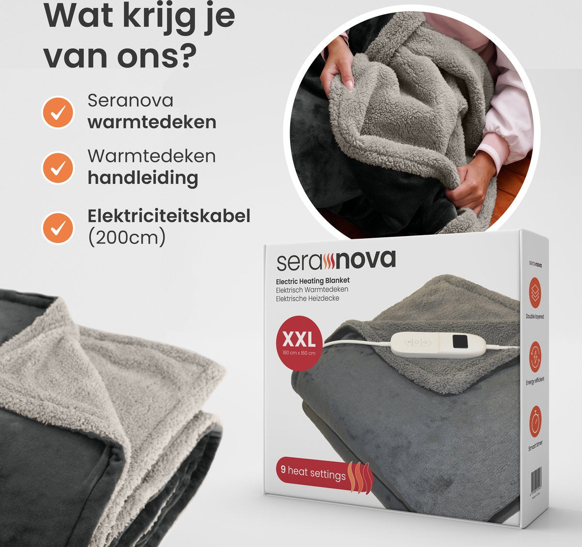 Seranova Elektrische Bovendeken XXL - 180x160 cm - 2 persoons Elektrische Deken - Warmtedeken - Dubbelzijdig - Fleece Sherpa - Antraciet Grijs