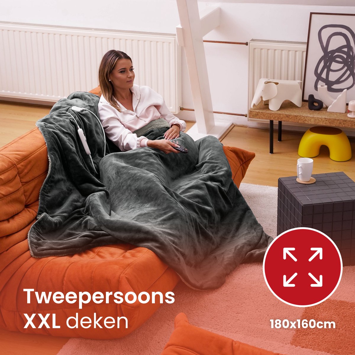 Seranova Elektrische Bovendeken XXL - 180x160 cm - 2 persoons Elektrische Deken - Warmtedeken - Dubbelzijdig - Fleece Sherpa - Antraciet Grijs